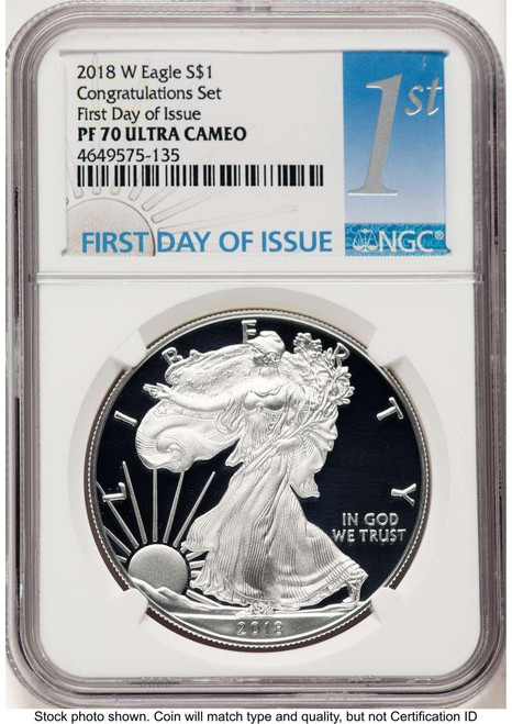 Bullionshark 2018-W S$1 American Silver Eagle Coin NGC MS70, Congratulations Set, First Day of Issue - HAT776575019 
