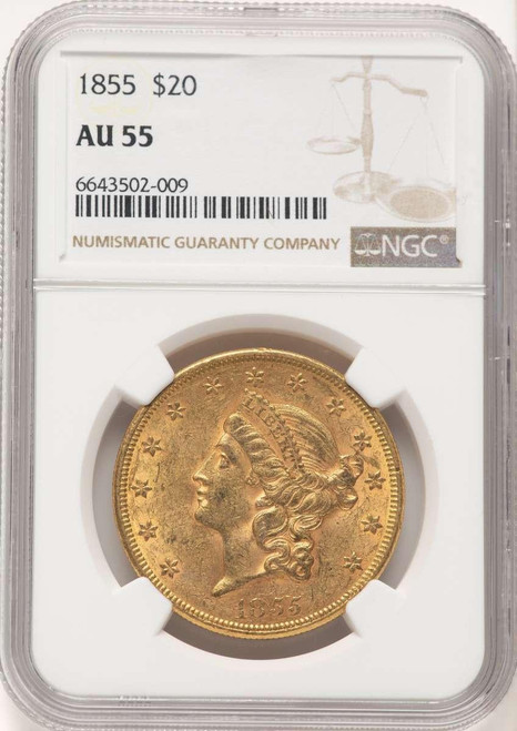 Bullionshark 1855 $20 Liberty Gold Double Eagle NGC AU55 - HAT522527006 