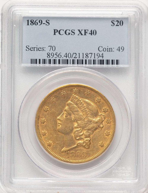 Bullionshark 1869-S $20 Liberty Gold Double Eagle PCGS XF40 - HAT783084024 