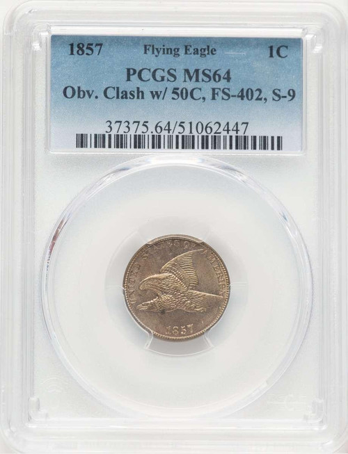 Bullionshark 1857 1C Flying Eagle Cent Coin PCGS MS64   Obverse Die Clash with Seated Half, Snow-9, FS-402 - HAT780000024 