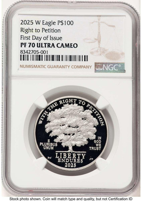 Bullionshark 2025-W $100 Proof Modern Bullion Coin NGC PF70   One-Ounce Platinum Eagle - Right to Petition - First Day of Issue - HAT782993005 