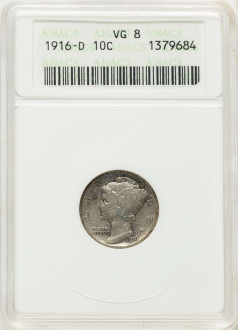 Bullionshark 1916-D 10C Mercury Dime Coin ANACS VG8 - HAT507157002 