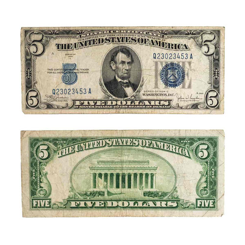  1934 $5 Silver Certificate Blue Seal Note Circulated - VG - Very Good Condition 