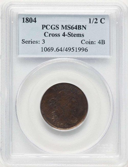 Bullionshark 1804 1/2 C Half Cent Coin PCGS MS64   Crosslet 4 - Stems - BN - HAT782355001 