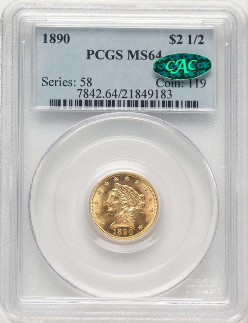 1890 $2.5 Liberty Gold Quarter Eagle Coin PCGS MS64  CAC coin front image