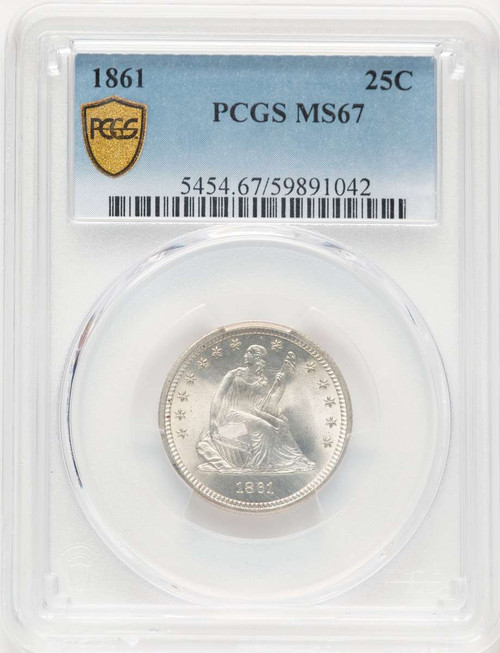 1861 25C Seated Quarter Coin PCGS MS67 coin front image