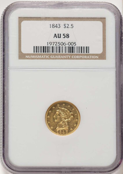 Bullionshark 1843 $2.5 Liberty Gold Quarter Eagle Coin NGC AU58 - HAT522470036 