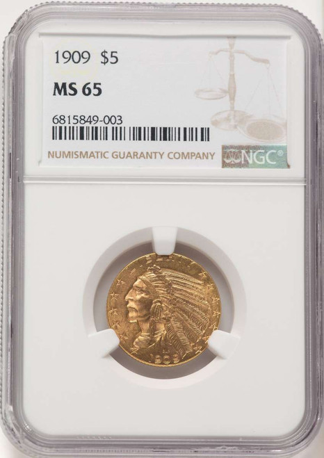 1909 $5 Indian Gold Half Eagle Coin NGC MS65 coin front image