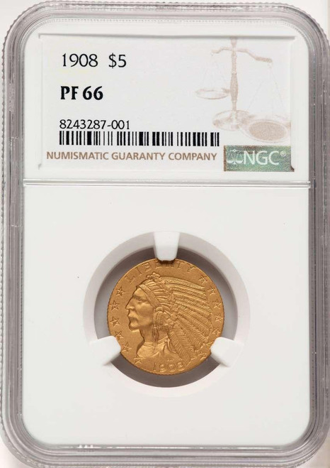 Bullionshark 1908 $5 Proof Indian Gold Half Eagle Coin NGC PF66 - HAT910656002 