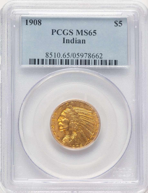 Bullionshark 1908 $5 Indian Gold Half Eagle Coin PCGS MS65 - HAT783926003 
