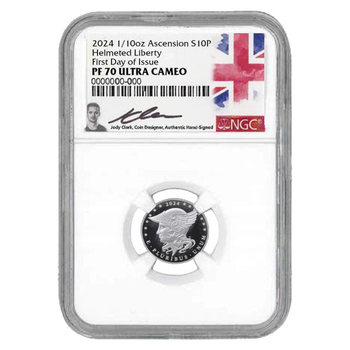  2024 Ascension Islands 1/10 oz Silver Helmeted Liberty NGC PF70 UCAM FDI W/Jody Clark-Signed Label 