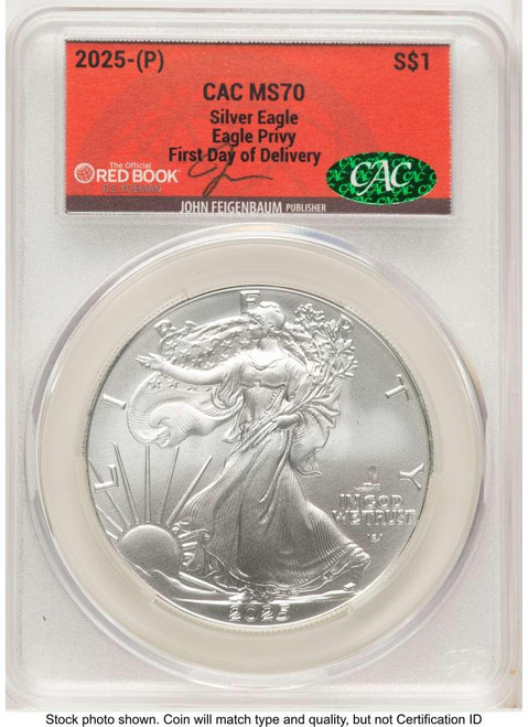 Bullionshark 2025(-P) $1 American Silver Eagle Coin CACG MS70   with Eagle Privy - Struck at Philadelphia - HAT521202144 