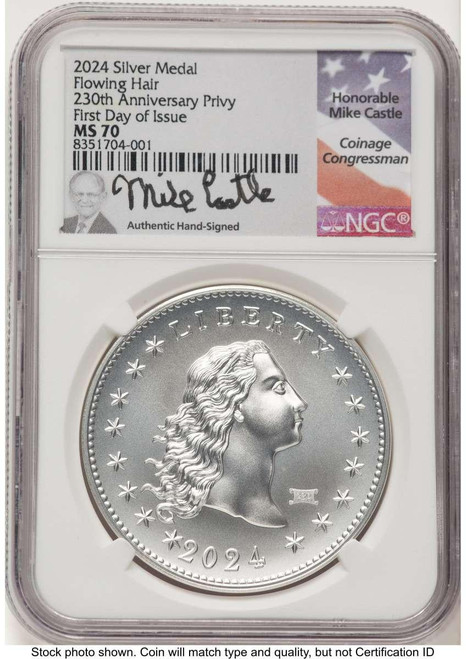 Bullionshark 2024 Medal Modern Commemorative Coin NGC MS70   Flowing Hair - Silver - 230th Anniversary Privy - First Day of Issue - HAT774662001 