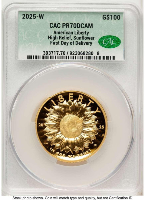 Bullionshark 2025-W $100 Gold High Relief Coin CACG MS70 DCAM    American Liberty - First Day of Issue - HAT783995001 