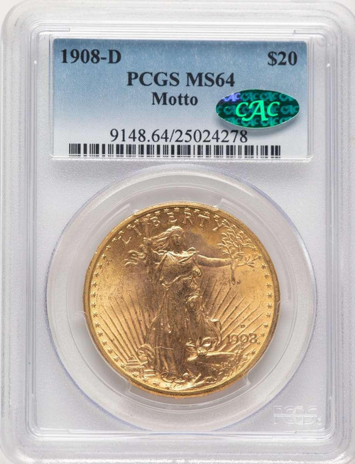 Bullionshark 1908-D $20 Saint Gaudens Double Eagle PCGS MS64  CAC  Motto - HAT784493068 