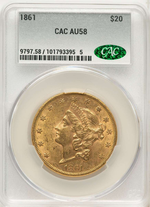 1861 $20 Liberty Gold Double Eagle CACG AU58 coin front image