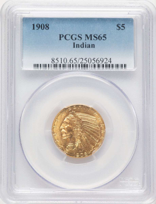1908 $5 Indian Gold Half Eagle Coin PCGS MS65 coin front image