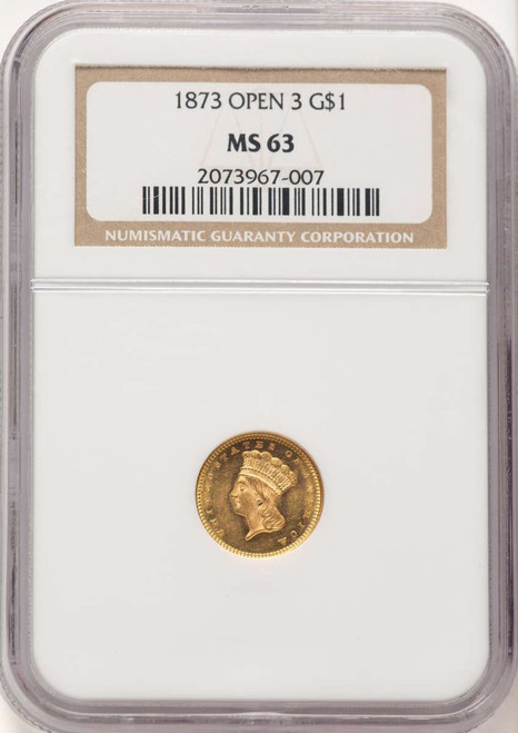 1873 G$1 Gold Dollar Coin NGC MS63   Open 3 coin front image