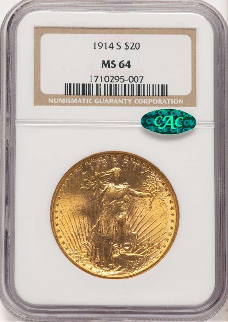 Bullionshark 1914-S $20 Saint Gaudens Double Eagle NGC MS64  CAC - HAT778032054 