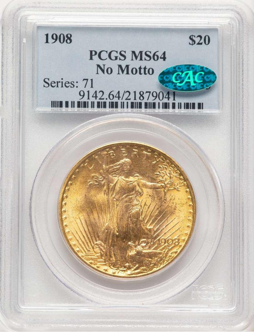 Bullionshark 1908 $20 Saint Gaudens Double Eagle PCGS MS64  CAC  No Motto - HAT780012009 