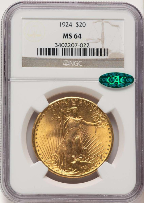 Bullionshark 1924 $20 Saint Gaudens Double Eagle NGC MS64  CAC - HAT782234017 