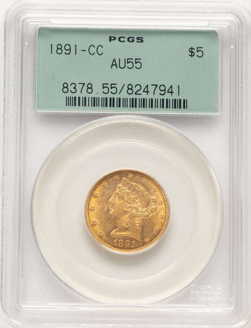 1891-CC $5 Liberty Gold Half Eagle Coin PCGS AU55 coin front image