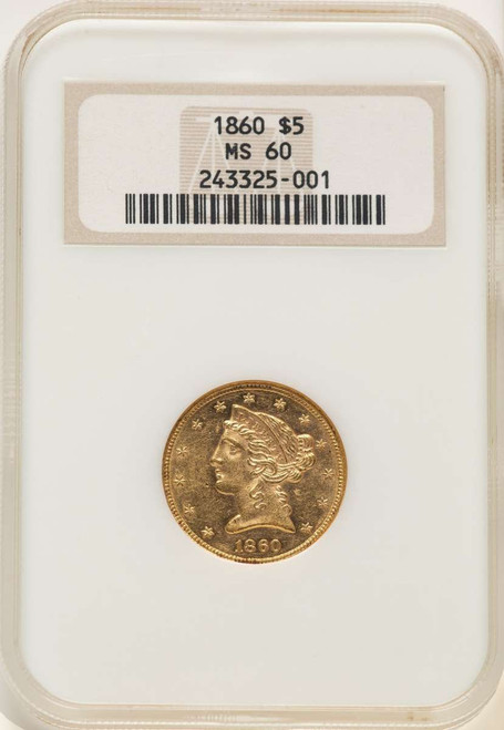 1860 $5 Liberty Gold Half Eagle Coin NGC MS60 coin front image