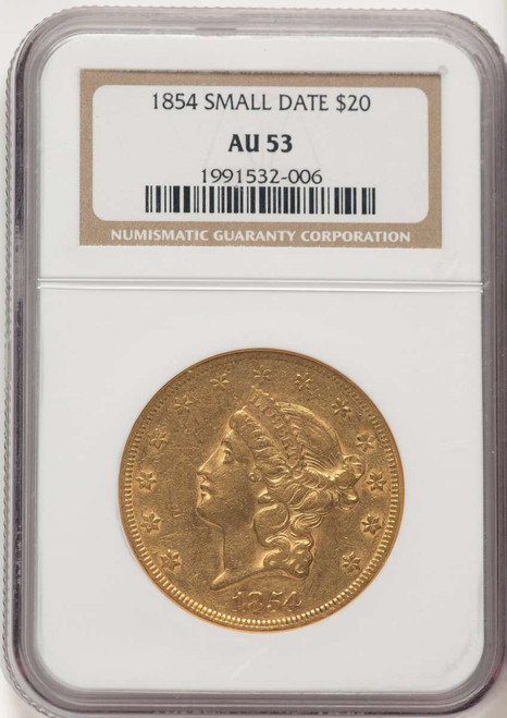 1854 $20 Liberty Gold Double Eagle NGC AU53   Small Date coin front image
