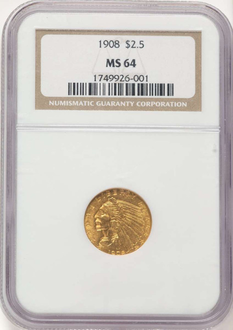 1908 $2.5 Indian Gold Quarter Eagle Coin NGC MS64 coin front image