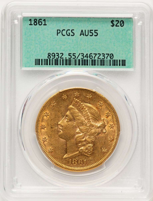 1861 $20 Liberty Gold Double Eagle PCGS AU55 coin front image