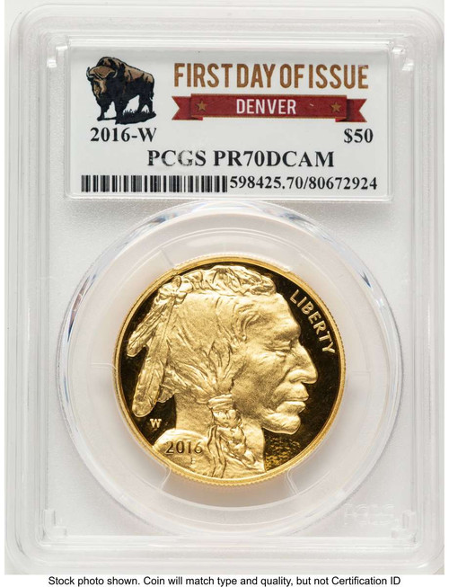 2016-W $50 Proof 1 oz American Gold Buffalo Coin PCGS PR70 DCAM - Tenth Anniversary - First Day of Issue Denver coin front image