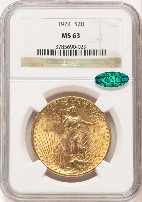 1924 $20 Saint Gaudens Double Eagle NGC MS63  CAC coin front image
