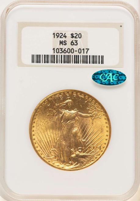 1924 $20 Saint Gaudens Double Eagle NGC MS63  CAC coin front image