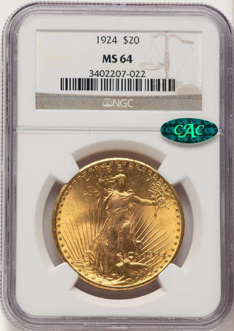 1924 $20 Saint Gaudens Double Eagle NGC MS64  CAC coin front image