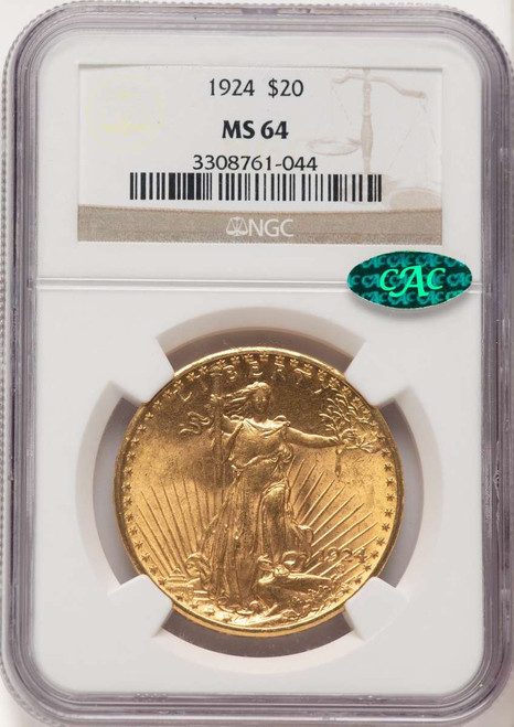 1924 $20 Saint Gaudens Double Eagle NGC MS64  CAC coin front image