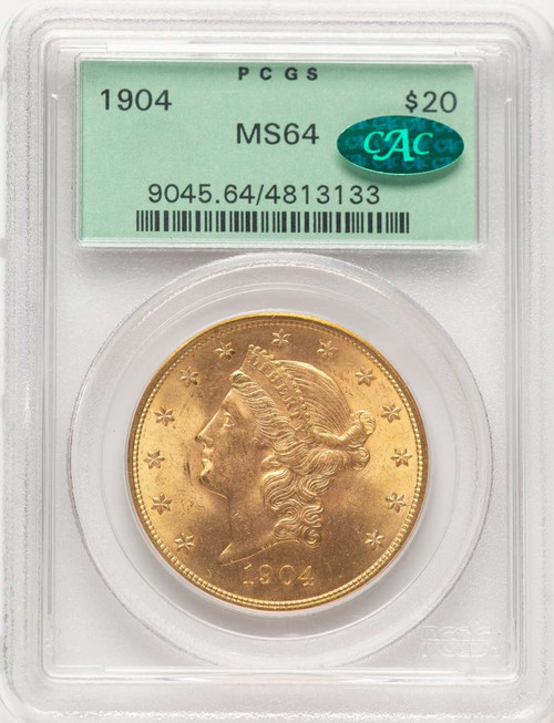 1904 $20 Liberty Gold Double Eagle PCGS MS64  CAC coin front image