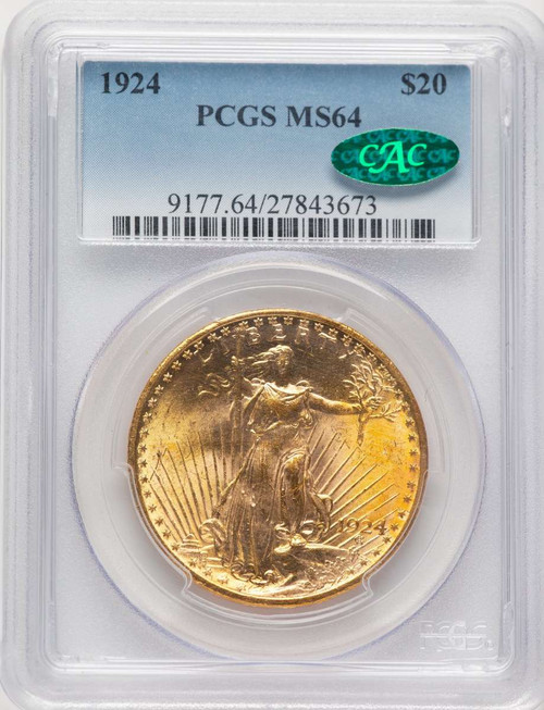 1924 $20 Saint Gaudens Double Eagle PCGS MS64  CAC coin front image