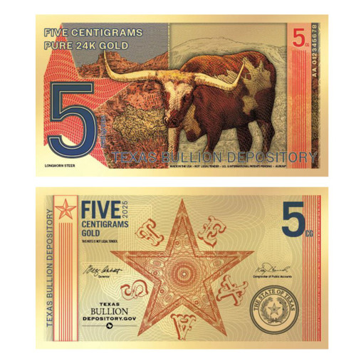 2025 5 Centigram Gold Texas Lonestar Note