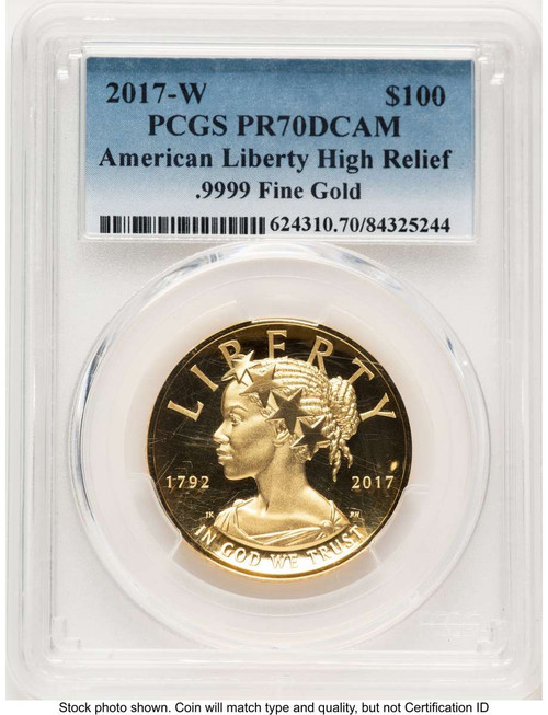 2017-W $100 Gold High Relief Coin PCGS MS70 DCAM    American Liberty coin front image