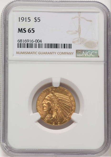 1915 $5 Indian Gold Half Eagle Coin NGC MS65 coin front image