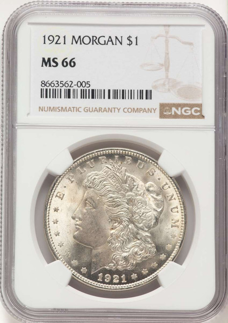 1921 S$1 Morgan Silver Dollar Coin NGC MS66 coin front image