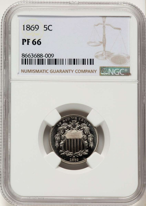 1869 5C Proof Shield Nickel Coin NGC PF66 coin front image