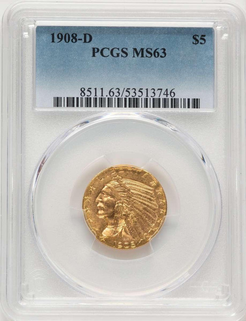 Bullionshark 1908-D $5 Indian Gold Half Eagle Coin PCGS MS63 - HAT786425096 