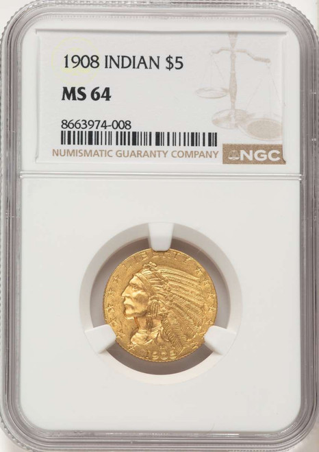 1908 $5 Indian Gold Half Eagle Coin NGC MS64 coin front image