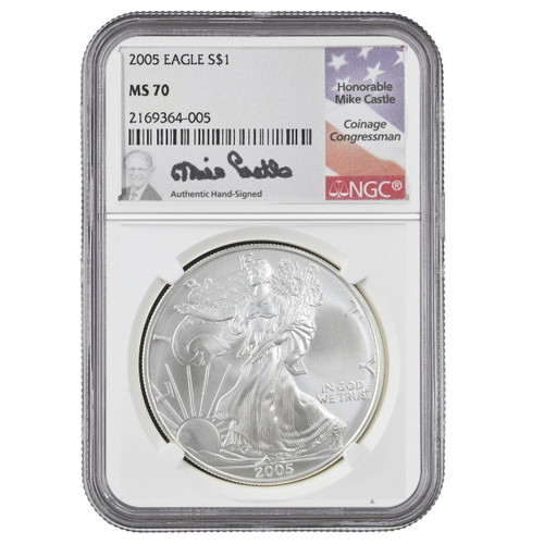  2005 Silver Eagle NGC MS70 signed by Mike Castle - 1 of 35 