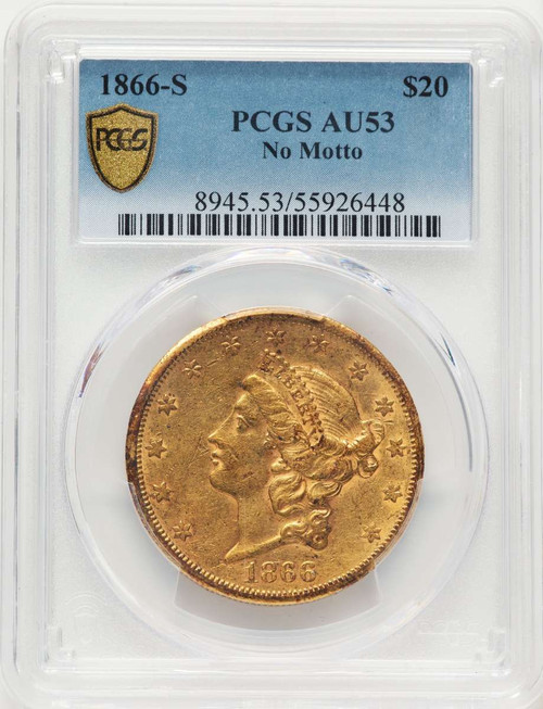 1866-S $20 Liberty Gold Double Eagle PCGS AU53   No Motto coin front image