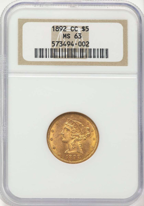 1892-CC $5 Liberty Gold Half Eagle Coin NGC MS63 coin front image