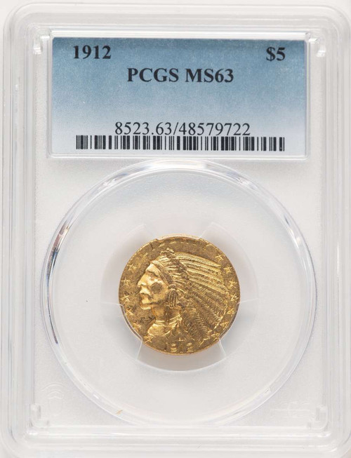 1912 $5 Indian Gold Half Eagle Coin PCGS MS63 coin front image