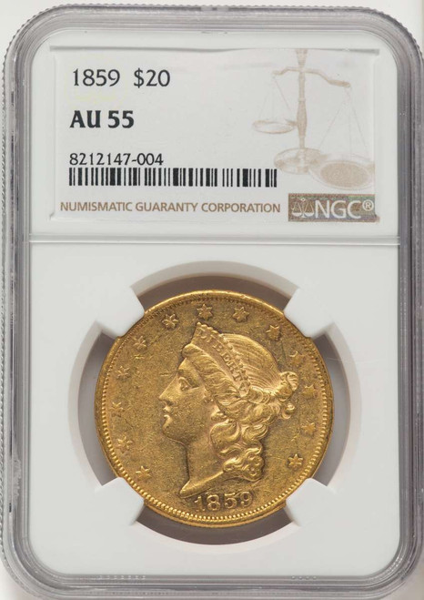 1859 $20 Liberty Gold Double Eagle NGC AU55 coin front image