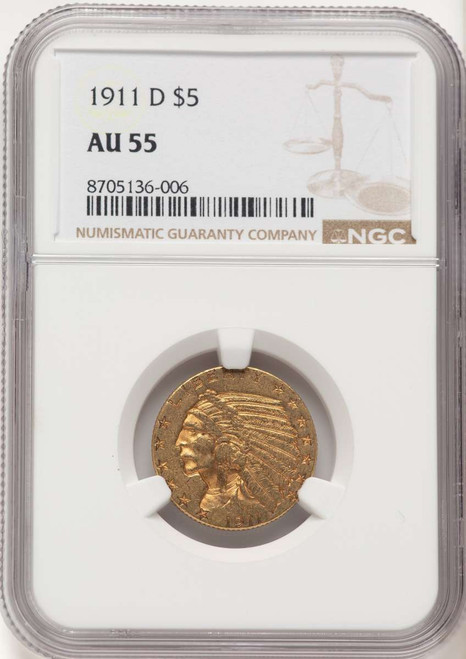 1911-D $5 Indian Gold Half Eagle Coin NGC AU55 coin front image